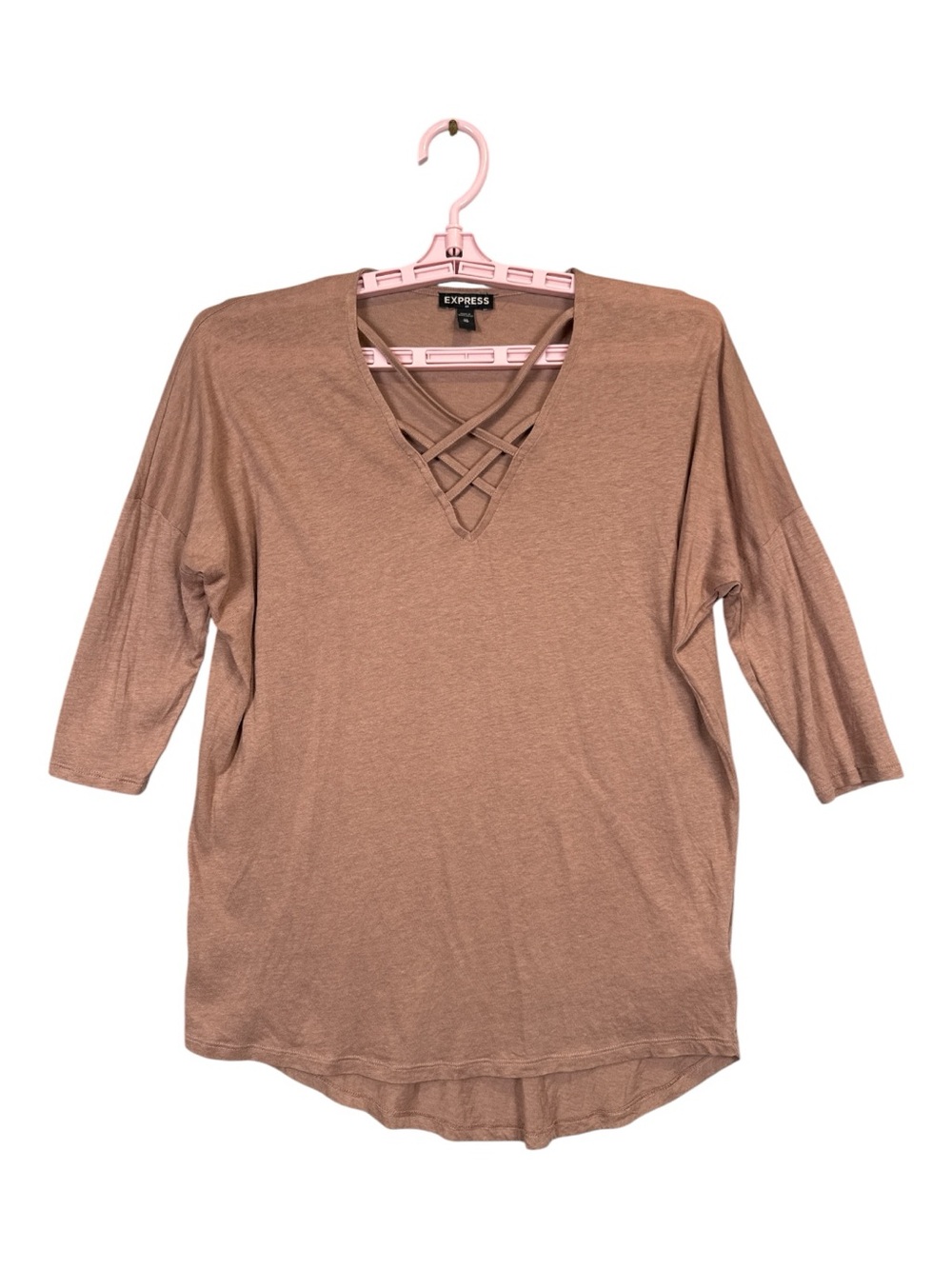 Express Women's Terracotta Crisscross Front Soft V-Neck 3/4 Sleeve Top, Size XS